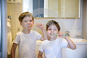 Closeup portrait of twins kids toddler boy sibling in bathroom toilet washing face hands brushing teeth with toothbrush playing