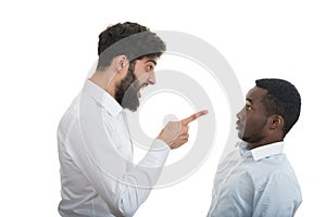 Closeup portrait of two grown mad men arguing,