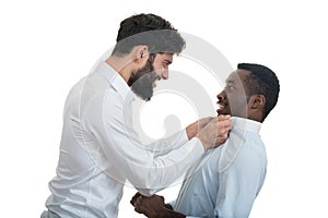 Closeup portrait of two grown mad men arguing,