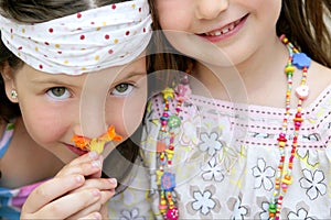 Closeup portrait of two little girl sisters