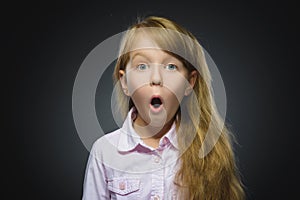 Closeup Portrait of wondering girl going surprise on gray background