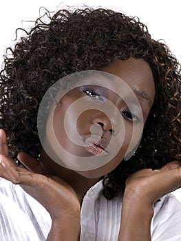 Closeup Portrait young black woman with pucker photo