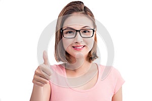Closeup portrait of a young cheerful asian woman in glasses