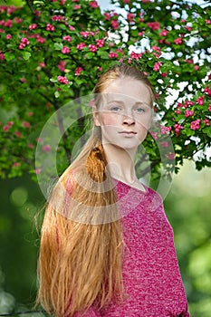Closeup portrait of young natural beautiful redhead woman in fuchsia blouse posing against blossoming tree with blurred green foli