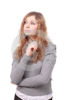 Closeup portrait of a young woman with pen isolated on white