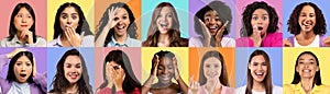 Closeup portraits of positive multiethnic young women over various backgrounds