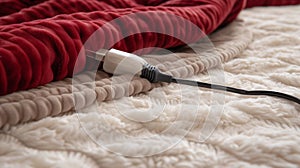 A closeup of the power cord securely attached to the blanket with a plug photo