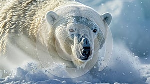 Closeup of a powerful polar bear standing against a blanket of blowing snow her thick fur matted and coated with frost