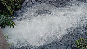 Closeup on powerful water flow in river outdoors