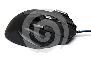 Closeup precision computer gaming mouse white background