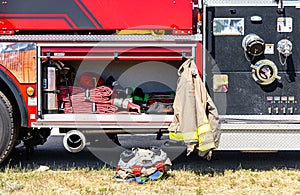 Fire rescue equipment in firetruck ready for emergency accident.