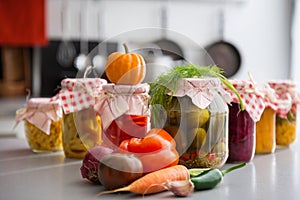 Closeup of preserved vegetables in glass jars