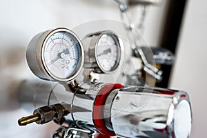 Closeup of pressure manometer measuring gas pressure  industry background