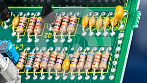 Closeup of printed circuit board with electronic components. Electrotechnics