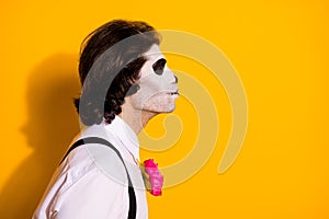 Closeup profile photo of creepy zombie dreamy guy empty space send air kiss bride corpse wear white shirt rose sugar