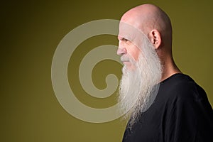 Closeup profile view of mature bald man with long gray beard