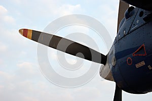 Closeup of propeller airplane engine in Kathmandu airport, Nepal