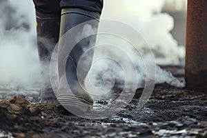 closeup of protective boots walking near smoking smokestack