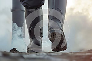 closeup of protective boots walking near smoking smokestack