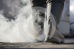 closeup of protective boots walking near smoking smokestack