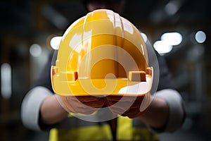 Closeup protective safety helmet in worker hand. Generative AI
