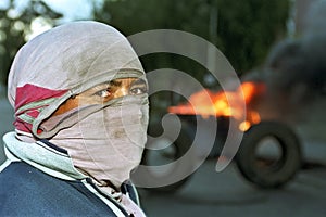 Closeup protesting Argentine worker at roadblock