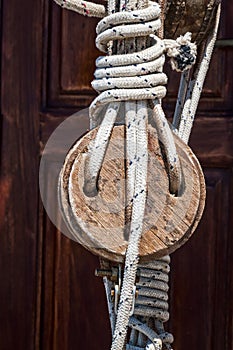 Closeup of pulley and rope on old sailing ship