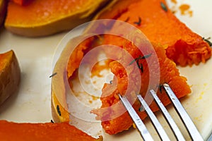 Closeup of pumpkin piece with fork on plate