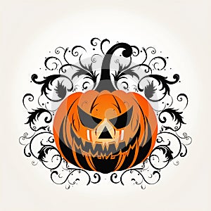 A closeup of a pumpkin with a scary face and white border on a b