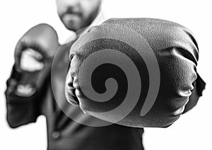 closeup punch of cropped businessman in boxing gloves ready for corporate business battle, knockout.