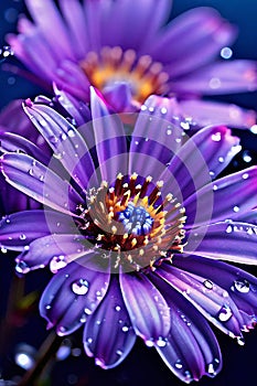 closeup purple aster flower with water drops photo