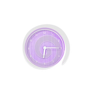 Closeup purple circle wall clock for decorate show a quarter past six or 6:15 a.m. isolated on white background with clipping path