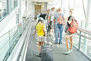 Closeup Queue of Europen people waiting at boarding gate at airport