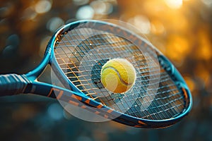 closeup of a racket hitting a tennis ball on a defocused background