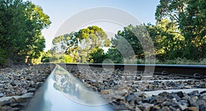 Closeup of rail track with tree reflection.