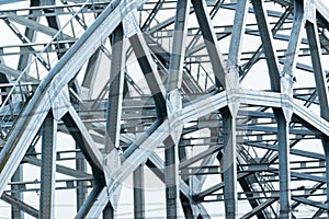 Closeup of railway metal bridge construction view. Abstract metal details