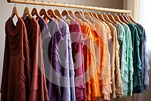 Closeup of rainbow color choice of trendy female wear on hangers in store closet