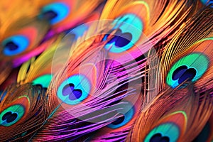 Closeup of rainbowcolored peacock feathers. Generative ai