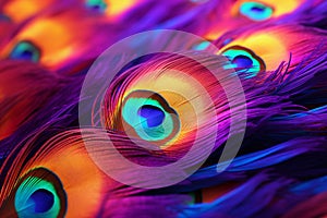 Closeup of rainbowcolored peacock feathers. Generative ai