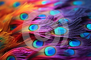 Closeup of rainbowcolored peacock feathers. Generative ai