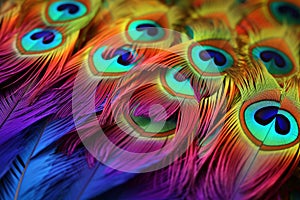 Closeup of rainbowcolored peacock feathers. Generative ai