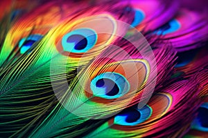 Closeup of rainbowcolored peacock feathers. Generative ai