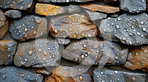 Closeup of raindrops bouncing off a stone wall revealing its rough and textured surface as the rain continues to fall