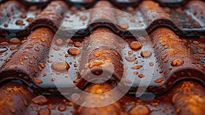 Closeup of raindrops falling onto a rusted metal roof leaving behind small pockets of water and a worn gritty texture