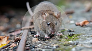 Closeup of a rat nibbling on a discarded piece of food left on the subway tracks taking advantage of the human activity