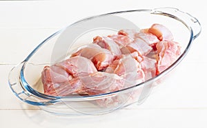 Closeup of the raw chopped chicken meat in a glass container