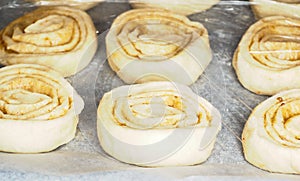 Closeup of raw cinnamon buns on baking paper