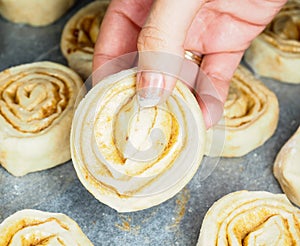 Closeup of raw cinnamon roll and cinnamon buns