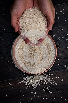 Closeup raw glutinous rice in hand of man