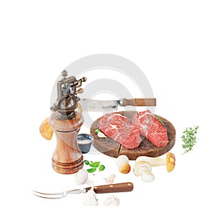 Closeup of raw steaks on a wooden board next to herbs, mushrooms, garlics and kitchen utensils